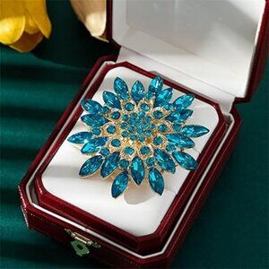 Rhinestone Sunflower Brooch Pin Aqua Green Flower Brooch Crystal Brooch